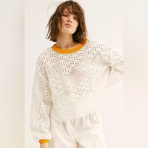 Free People Home Run Ivory and Gold Summer Crewneck Sweater in Size Small